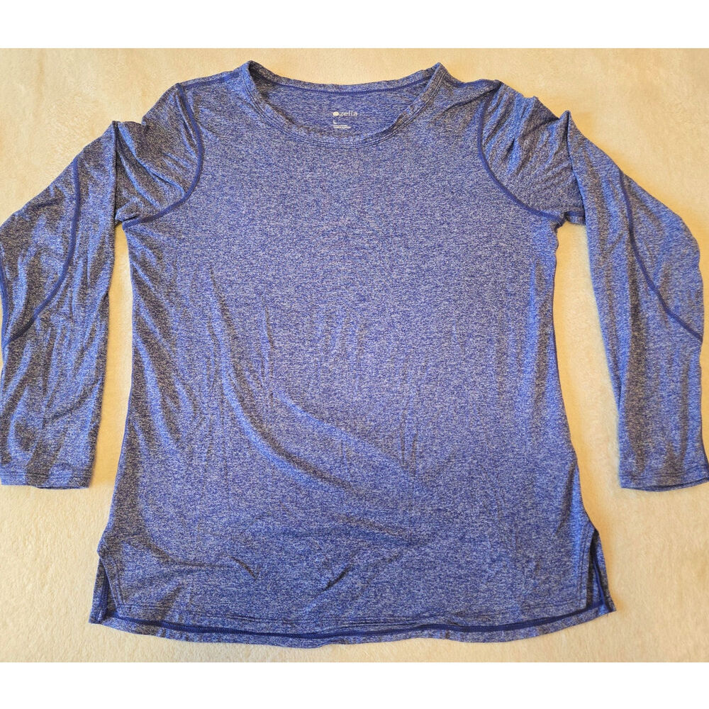 Sz Lg ZELLA Blue Heather Long Sleeve Tech Fabric Crewneck Active Top